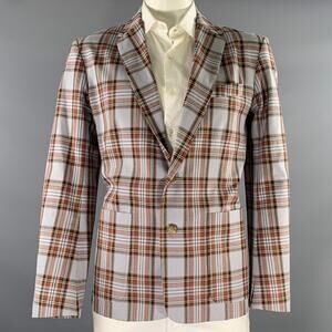 MR TURK Chest Size 42 Grey Brown Plaid Cotton Notch Lapel Sport Coat